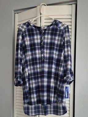 NY C&Co Navy Plaid Button-Front Women's Tunic Top